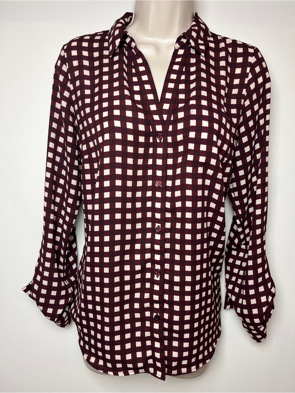 The Limited Checked Button-Front Collared Top Office Business Casual Medium
